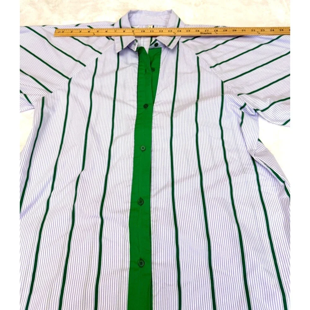 FLICKA Korea Stripe Shirt Dress Green Lavender White Balloon Sleeve Oversized OS